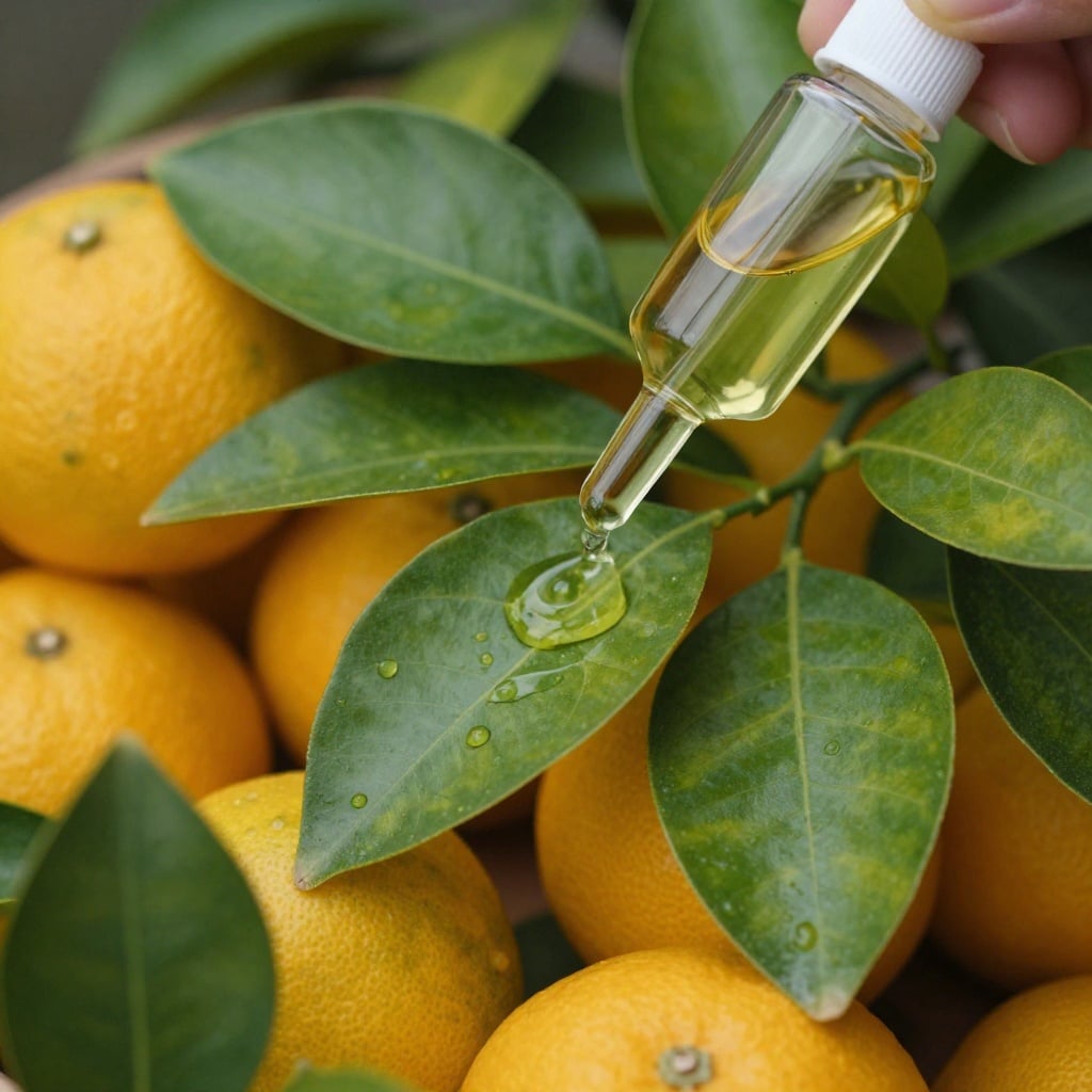Neem oil being applied to the underside of citrus leaves to control psylla nymphs