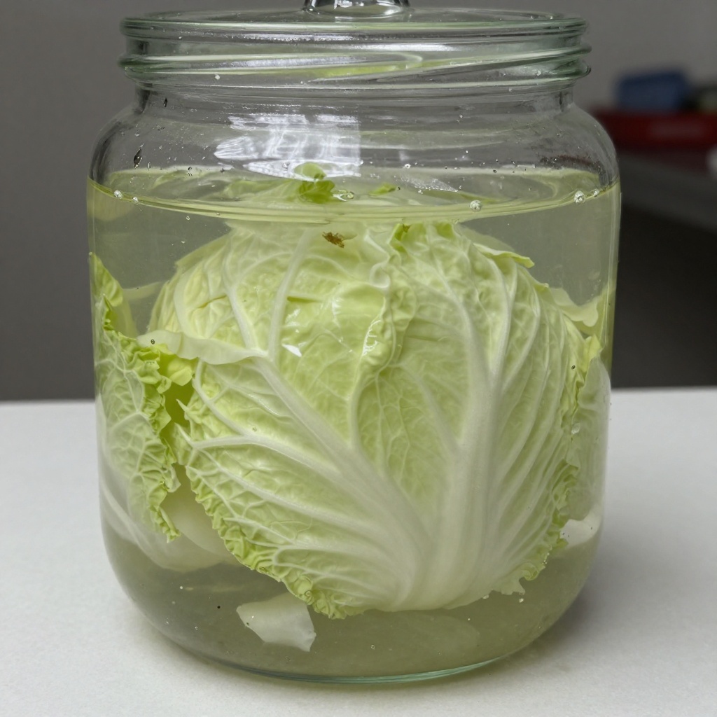 Glass fermentation weight holding cabbage beneath the brine during fermentation