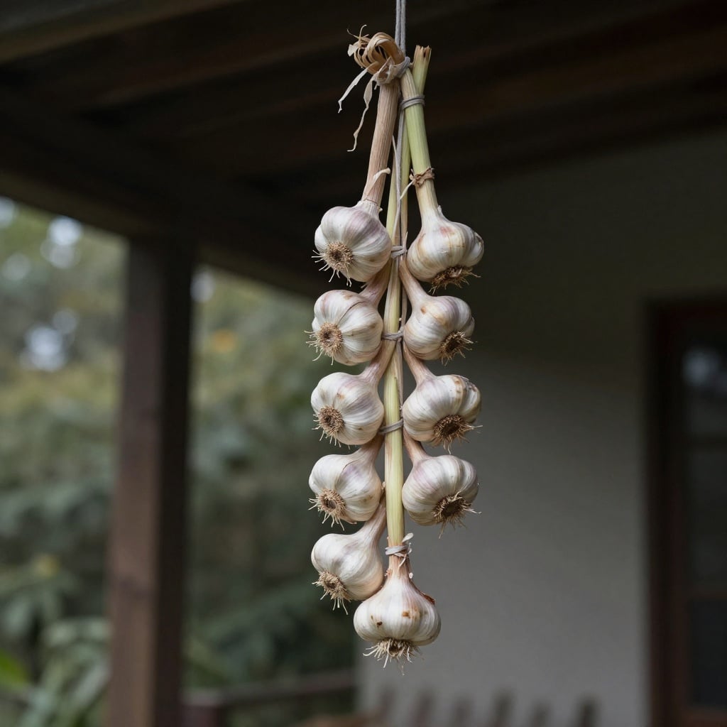 Garlic braids hanging in a shaded porch for proper airflow