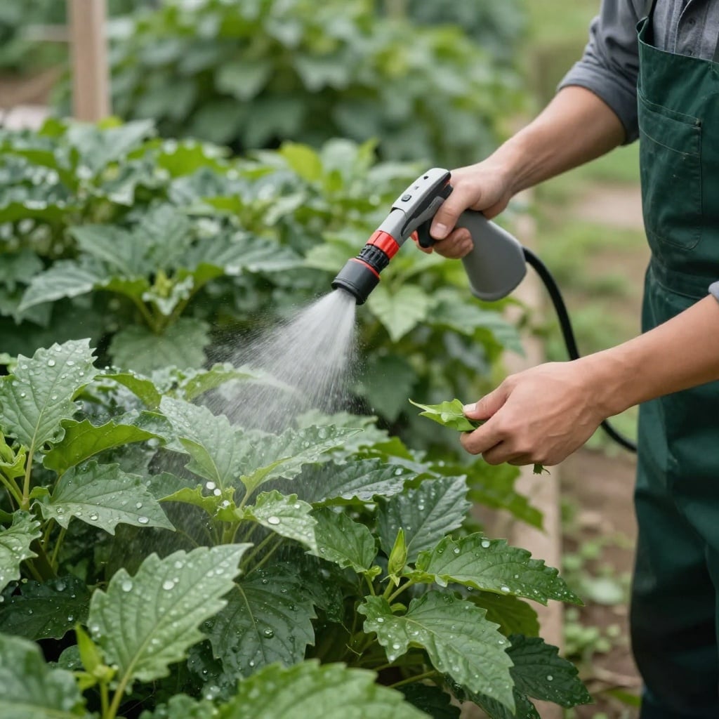 Gardener spraying the upper and lower surfaces of leaves