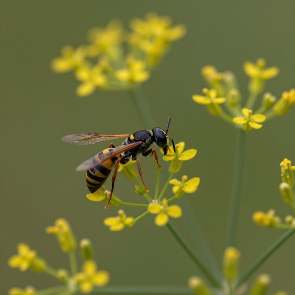 Parasitic wasps feeding on dill flowers
