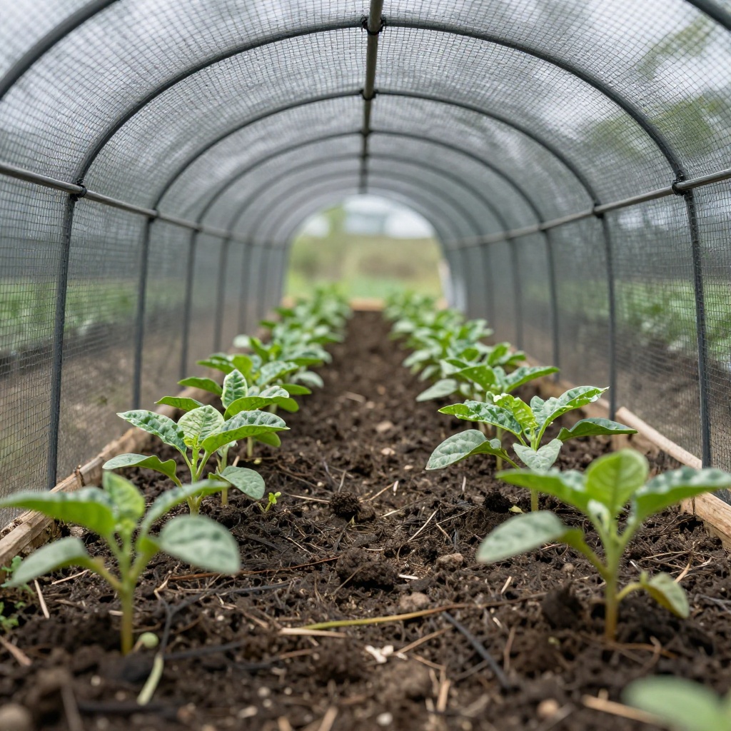 Seedlings protected by fine mesh tunnels