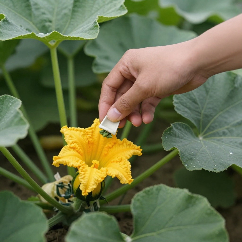 Hand manually pollinating a squash flower