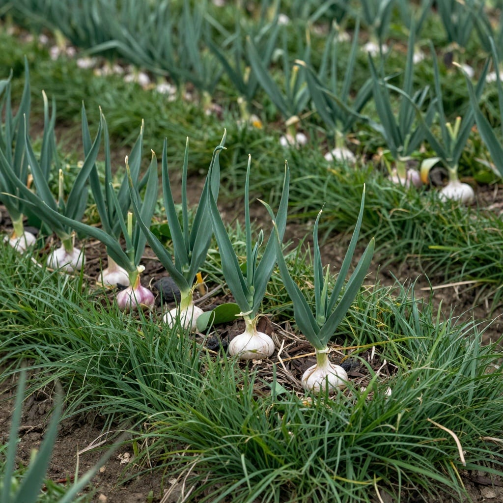 Garlic beds heavily mulched with grass