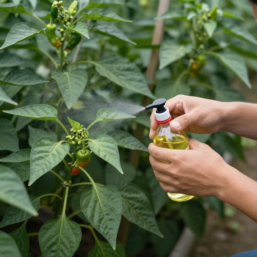 Gardener spraying neem oil on pepper leaves