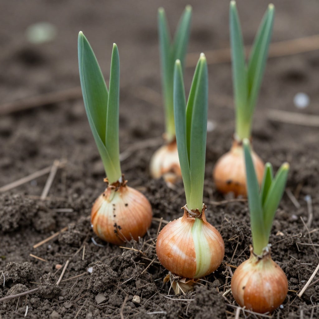 Onion seedlings being transplanted into loose soil