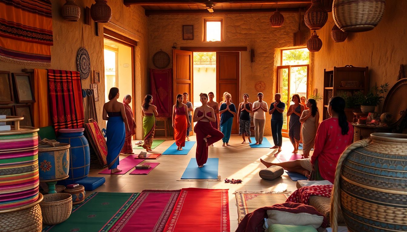 High-quality yoga products manufactured in India, including mats, blocks, and straps