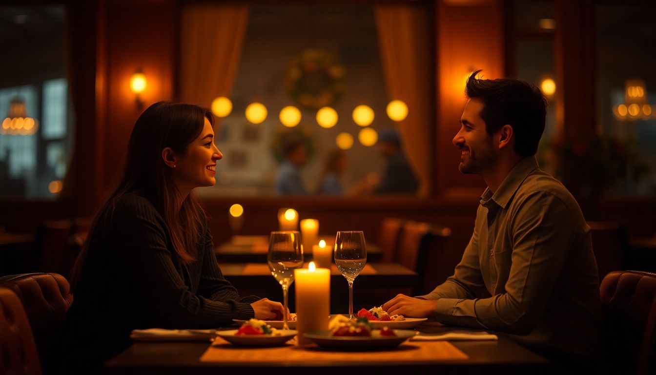 A happy couple enjoying a romantic candlelit dinner, symbolizing rekindled love through date night ideas.