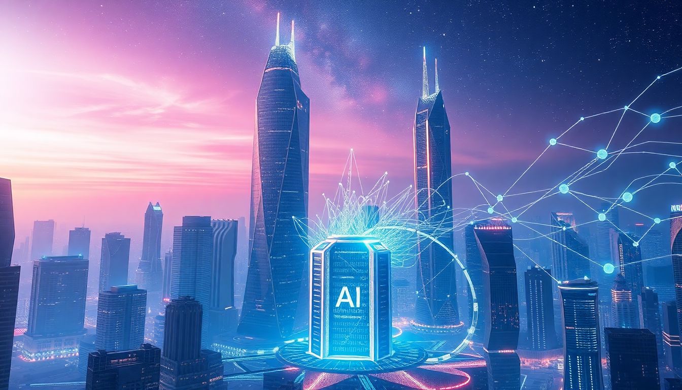 AI Revolutionizing the AI Industry A futuristic cityscape with AI elements: a robot holding a DNA strand, glowing neural networks, transparent flowcharts symbolizing explainable AI, diverse professionals collaborating, and scales balancing ethics, all under a digital sky with binary code rain.