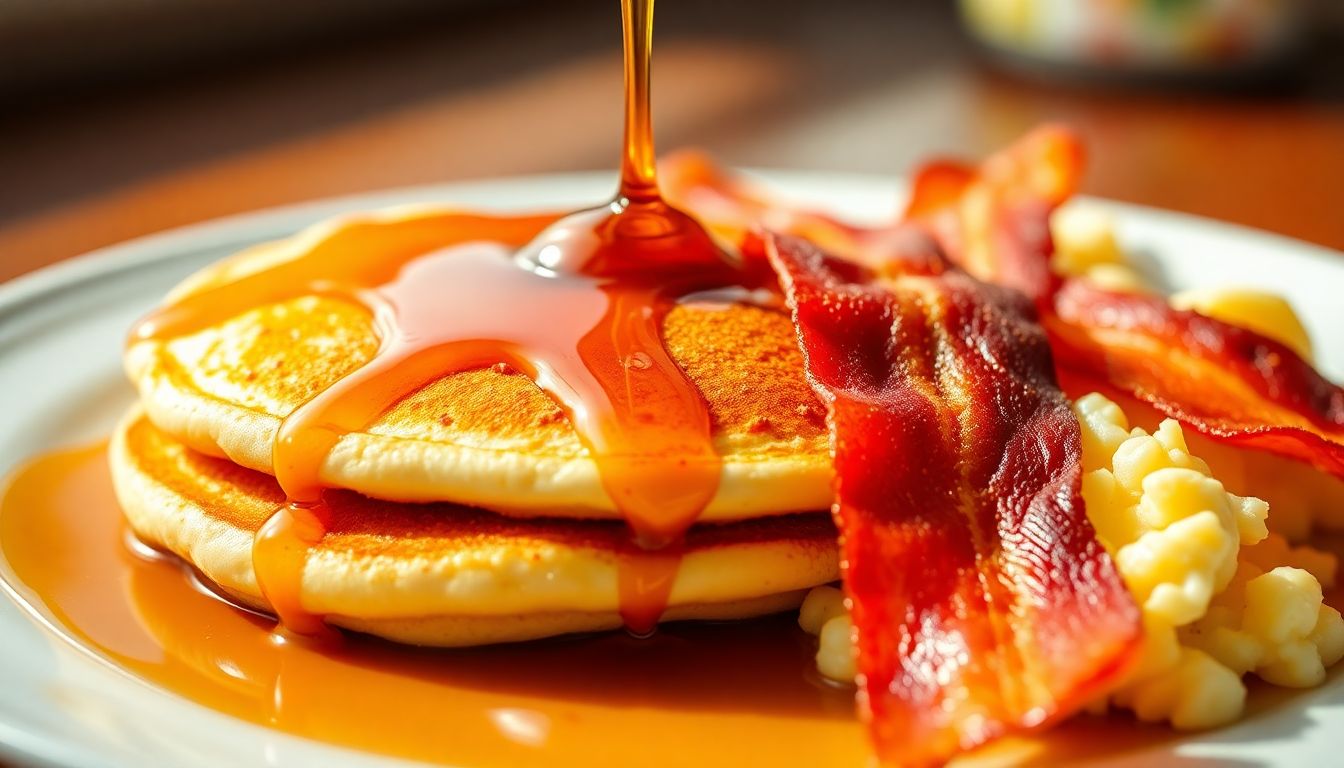 Classic Pancakes with Syrup, Scrambled Eggs & Crispy Bacon