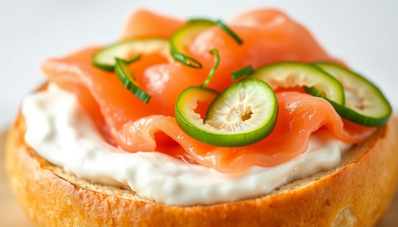 Bagel with Cream Cheese, Smoked Salmon, and Cucumber Slices