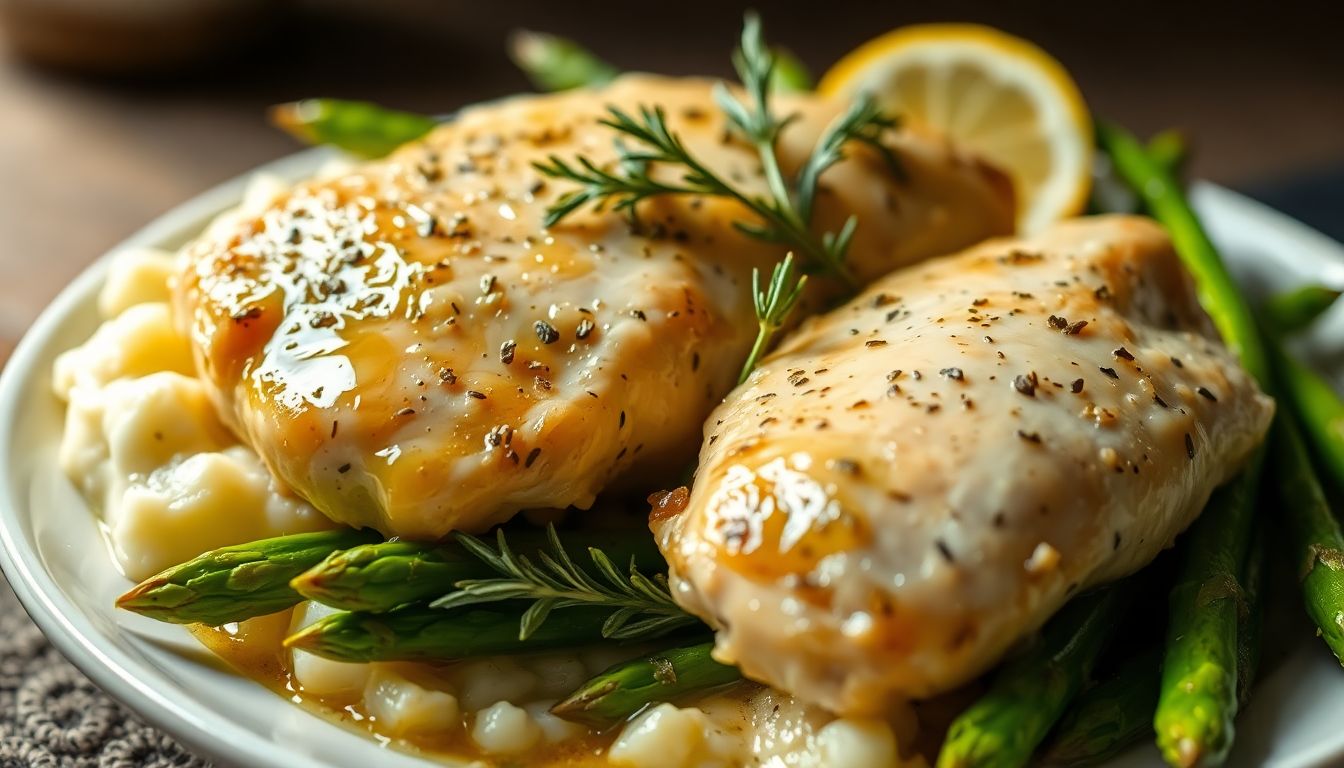 Healthy Lemon Herb Chicken with Asparagus and Mashed Potatoes