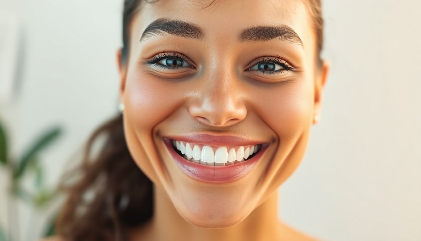 Close-up of a woman with a wide smile, showcasing healthy, white teeth.
