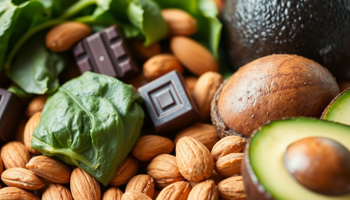 Assorted healthy foods including dark chocolate, almonds, spinach, and avocado.