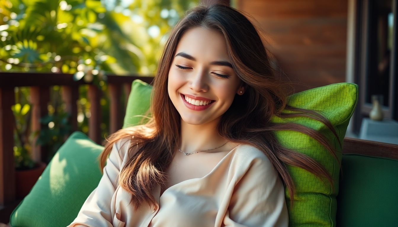 Young woman with long brown hair smiles while reclining against a bright green pillow