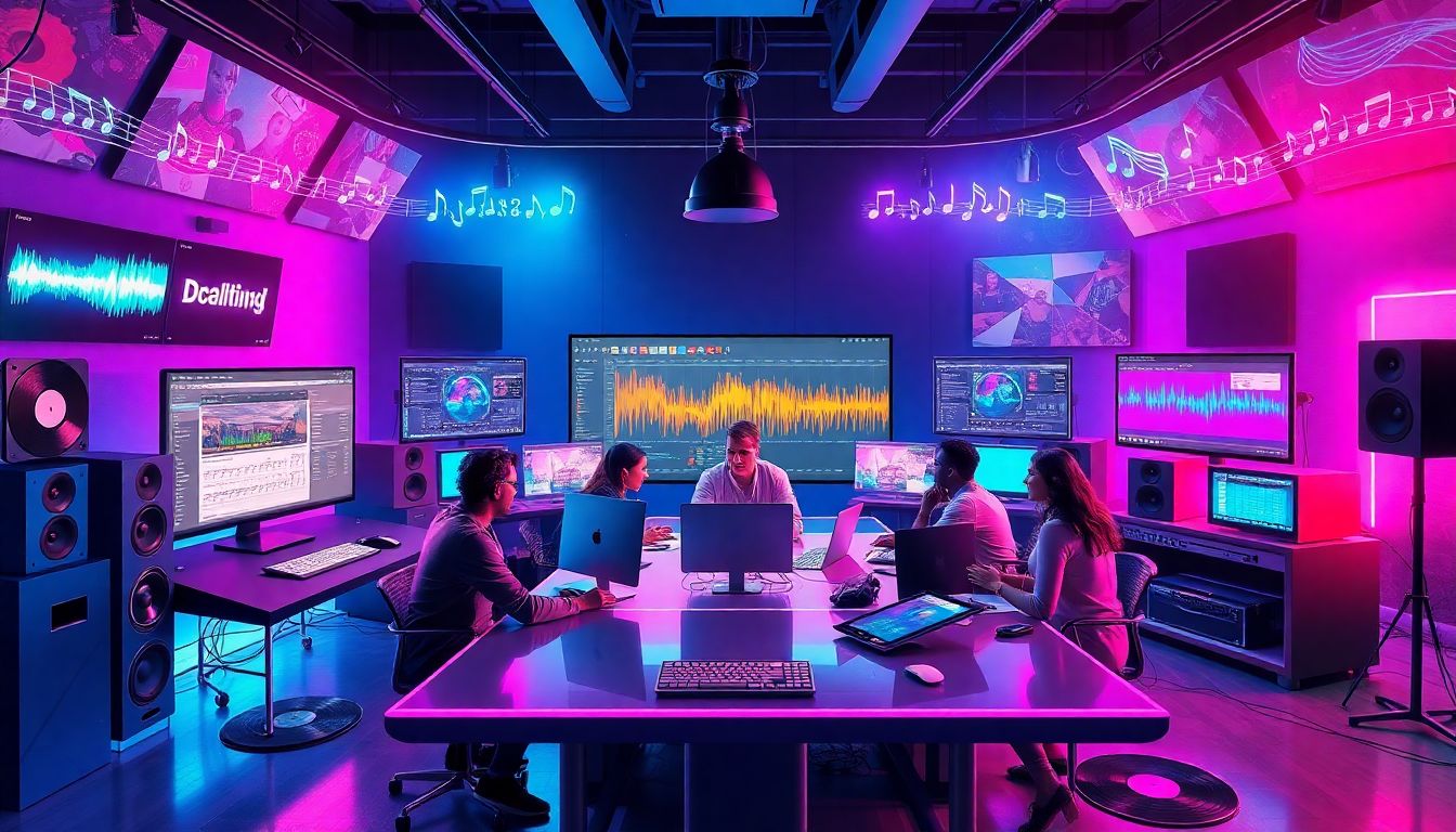 Colorful digital illustration featuring a music label team working in a high-tech studio, surrounded by screens showing audio waveforms, global maps, and music software interfaces, highlighting the concept of free music distribution for labels.