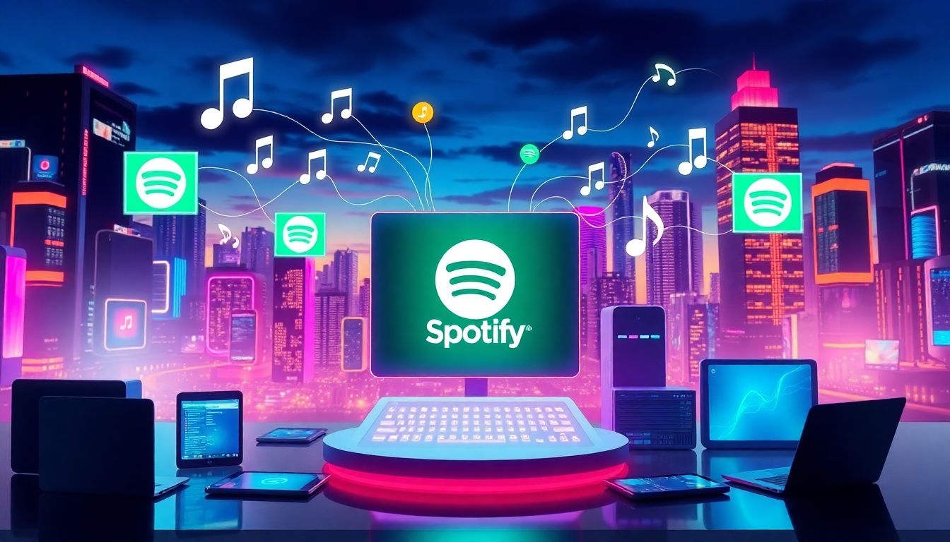 Digital illustration of a Spotify interface on a desktop screen, surrounded by icons of music distribution apps and devices, set in a futuristic cityscape, symbolizing free platforms to distribute music on Spotify.