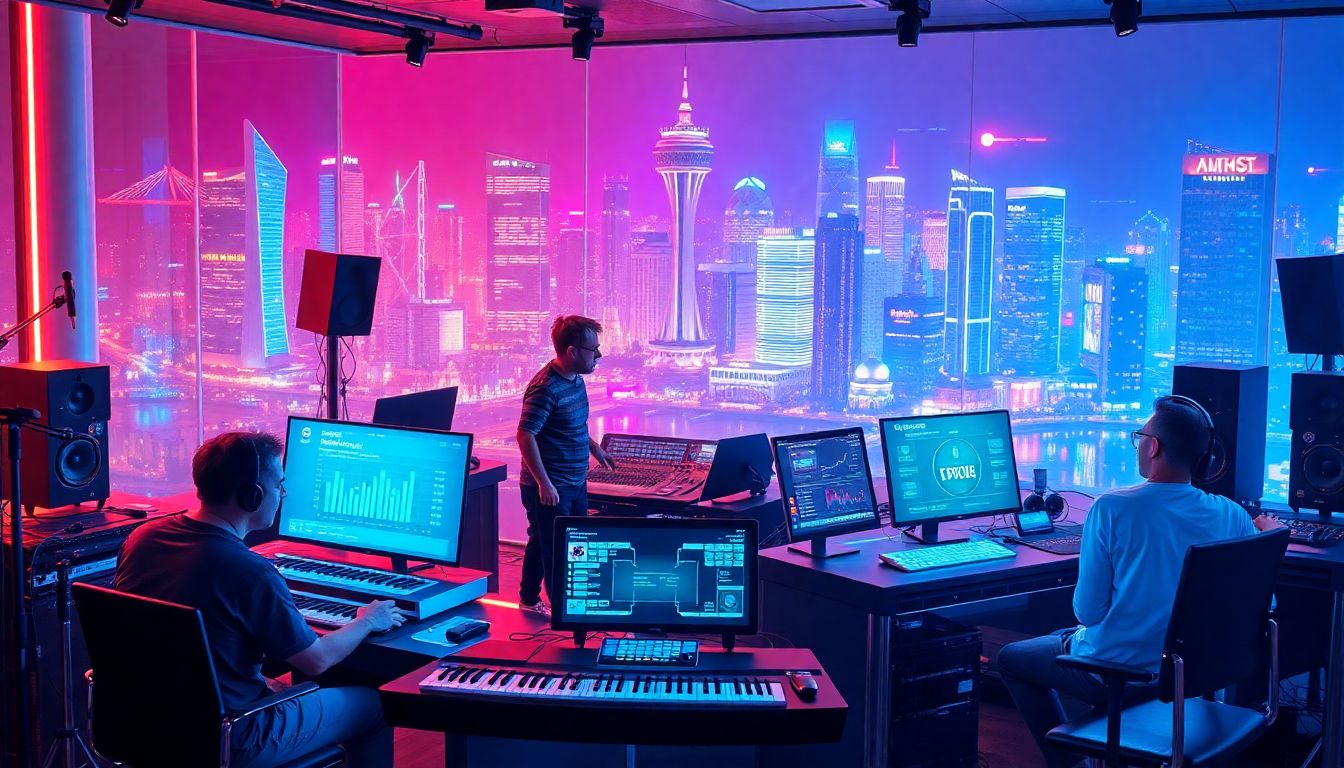 Modern music production studio with multiple producers working on digital audio workstations, overlooking a vibrant city skyline, symbolizing the power and reach of free digital music distribution for labels.