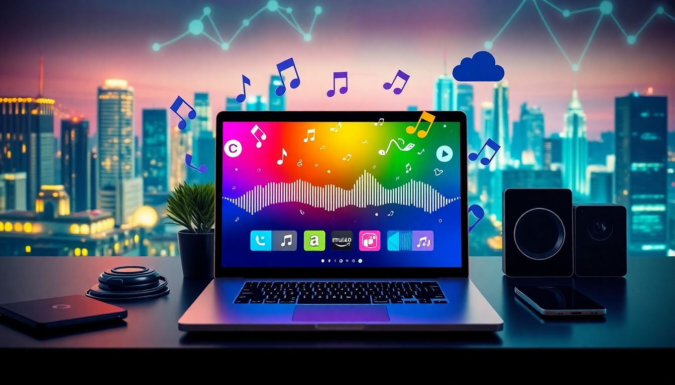 Illustration of an independent music artist uploading tracks online through free music distribution services.