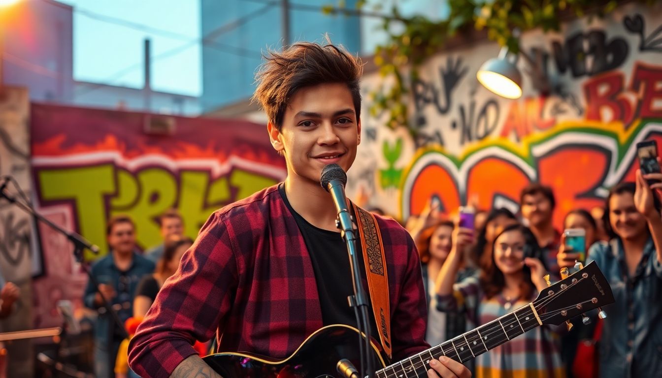 An independent musician performing on stage with a cheering crowd, symbolizing the power of music PR in building an audience and boosting artist visibility.