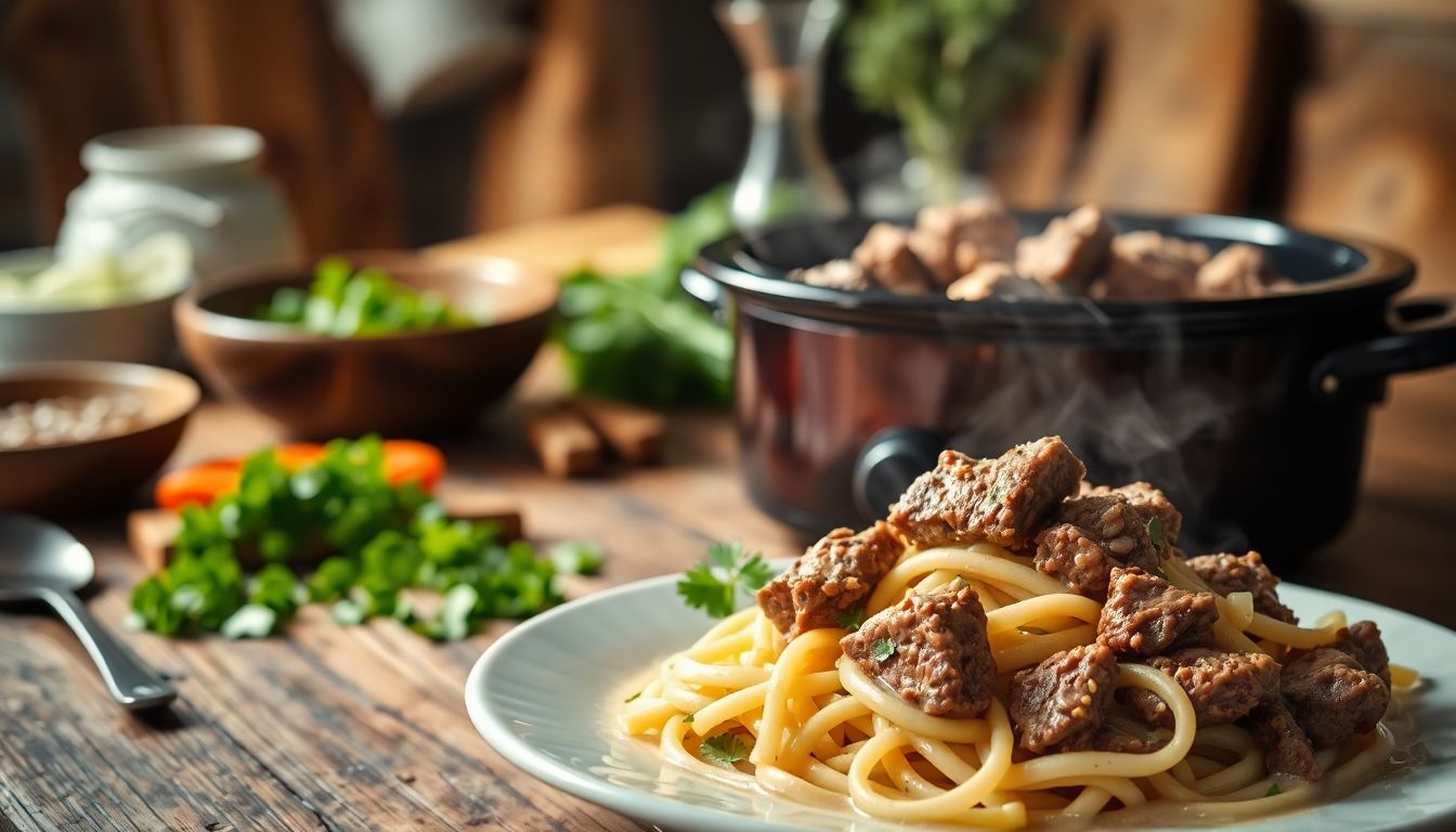 Crockpot Beef Tips & Noodles