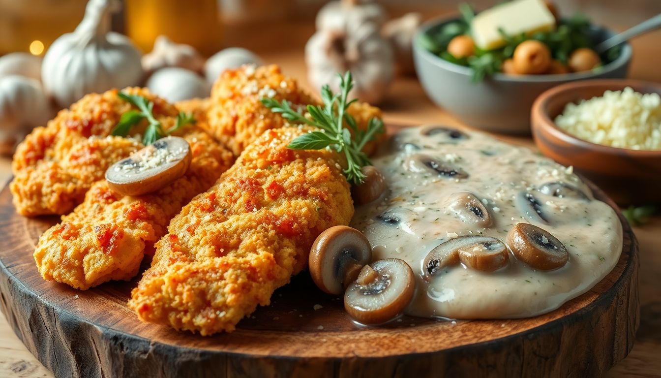 Golden Crispy Chicken with Parmesan Mushroom Sauce