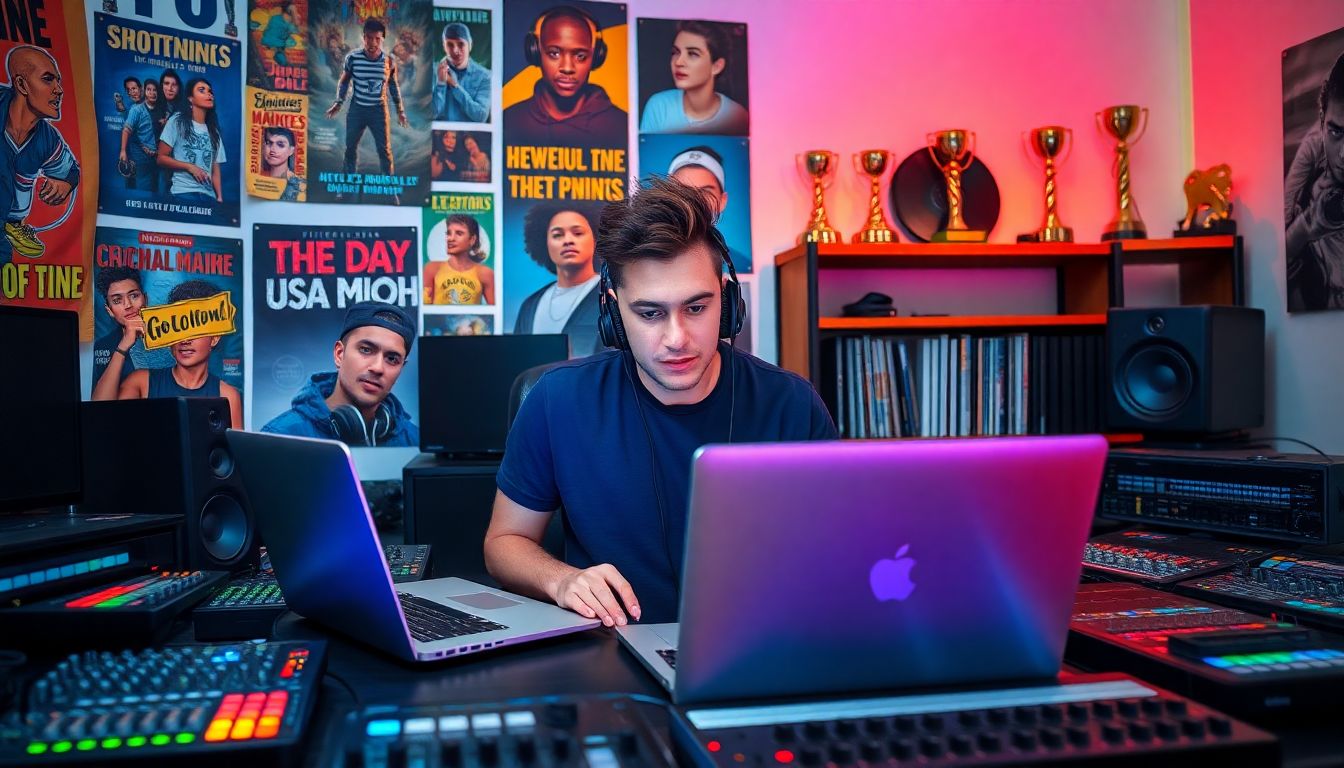 A young independent musician using a laptop and headphones to upload music to a digital distribution platform.