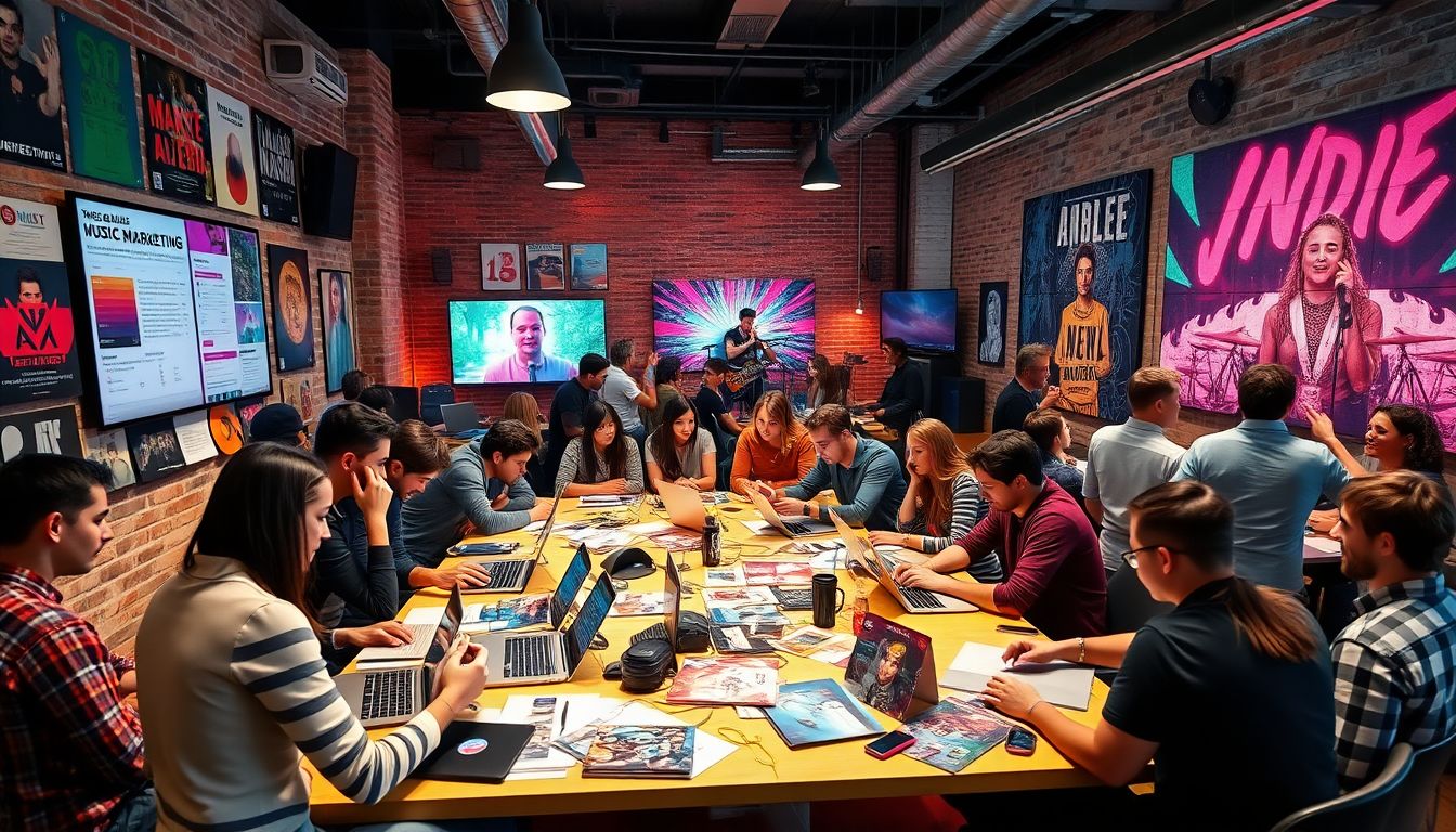 An image of a music marketer working on a laptop surrounded by promotional materials, charts, and headphones, representing independent music marketing companies supporting unsigned artists.