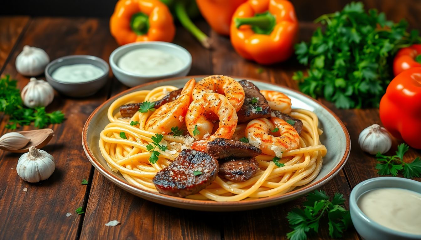 Cajun Steak and Shrimp Alfredo Pasta