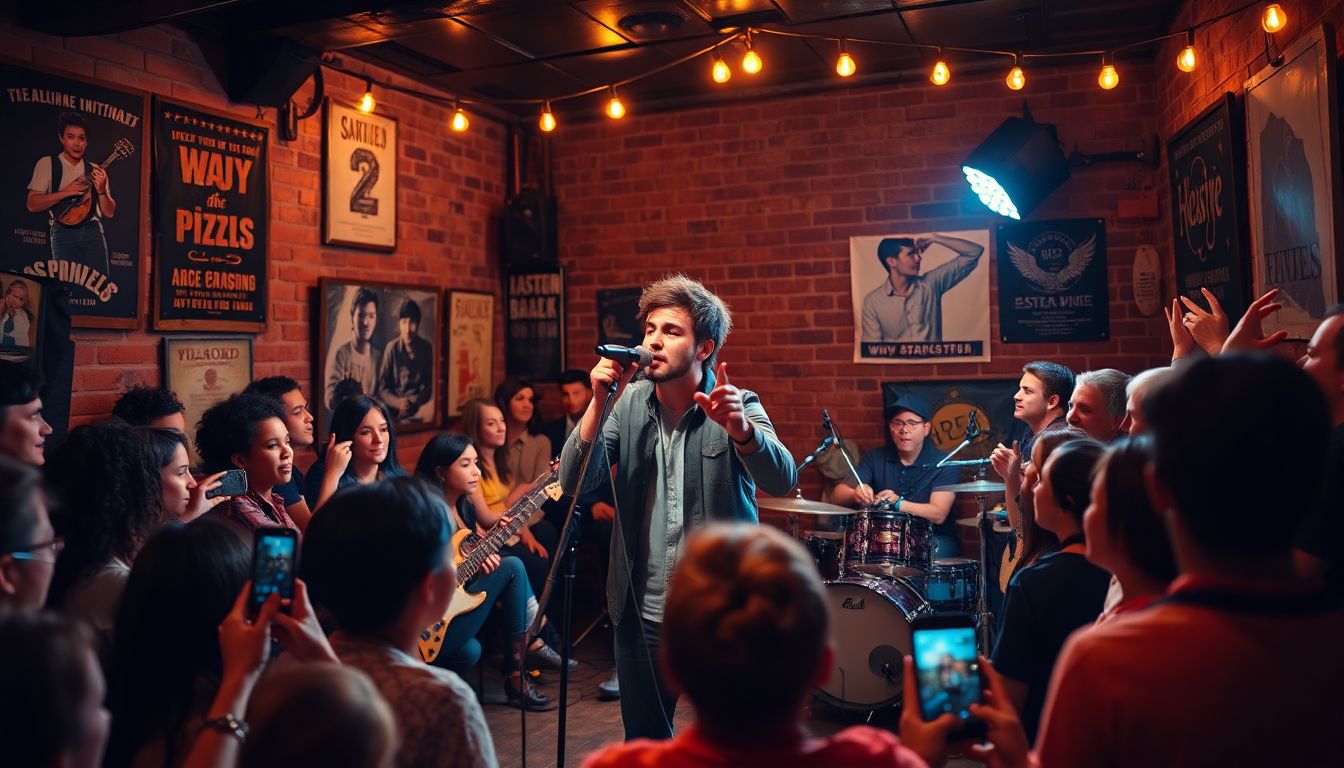 Independent musician playing guitar and singing to an engaged audience, representing DIY music promotion for unsigned artists.