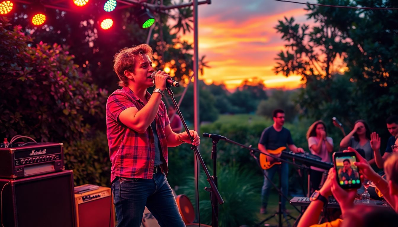 Independent musician promoting their music online using a laptop and smartphone, with icons of social media and music platforms in the background.
