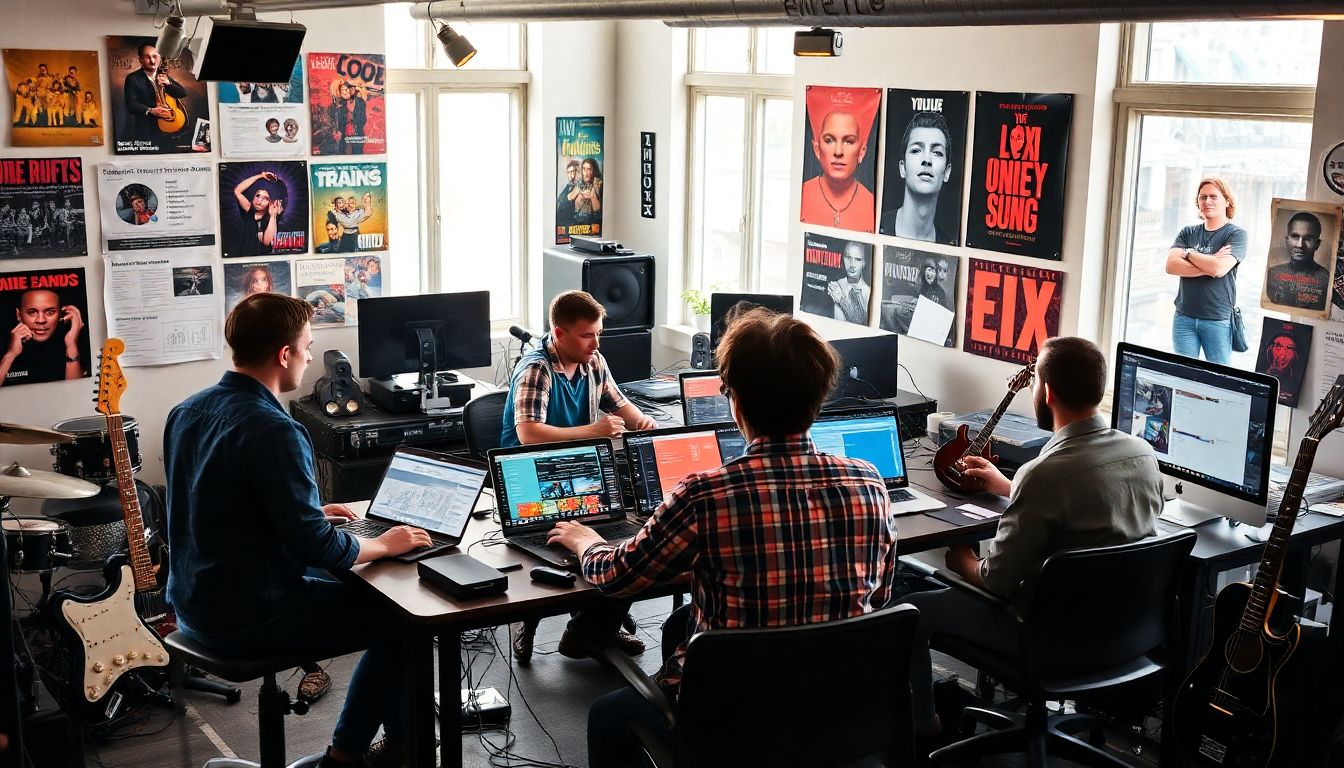 Independent music manager guiding an artist through a strategy meeting in a recording studio.