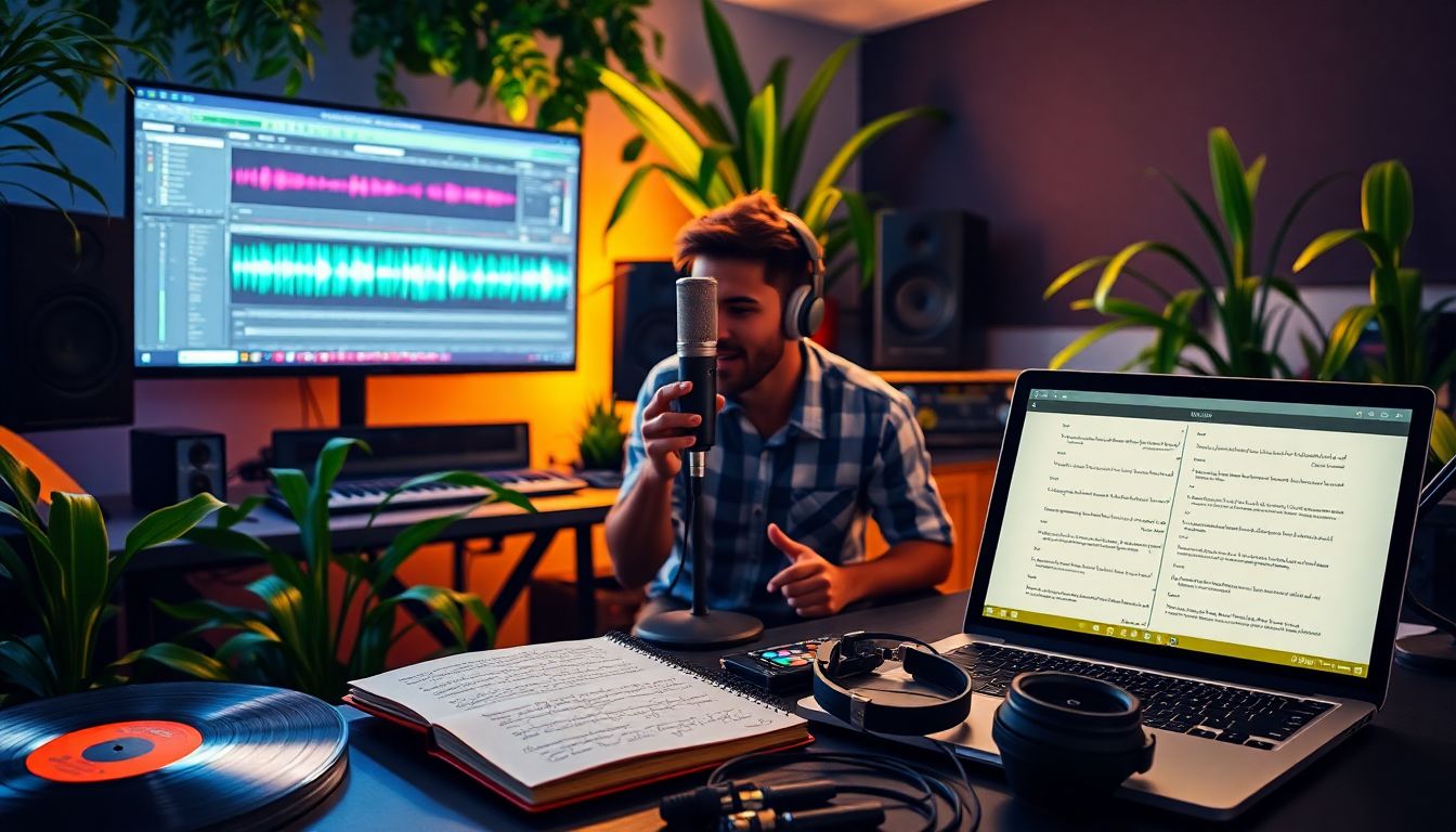 An independent musician working at a desk with music contracts and a laptop, representing learning about music publishing.