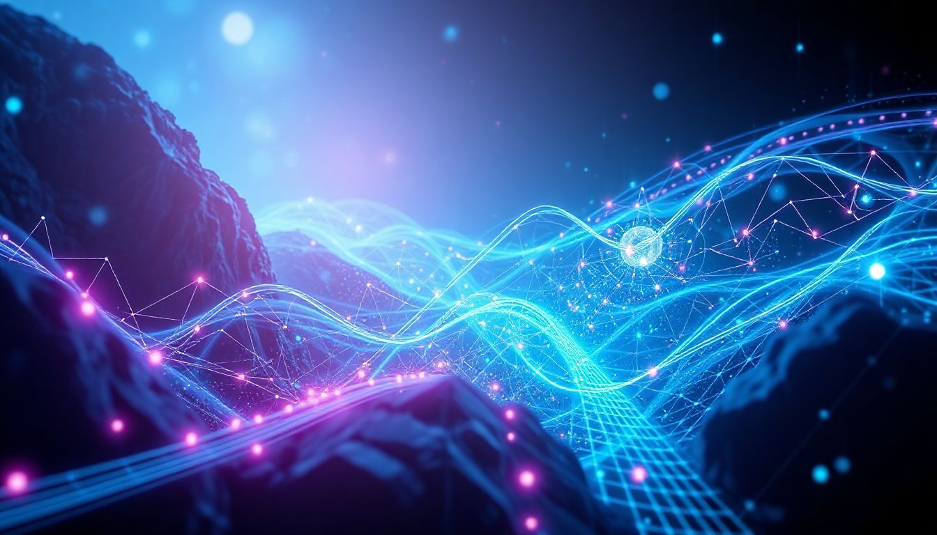 A futuristic scene where a person interacts with holographic projections and data streams, symbolizing advanced digital marketing.