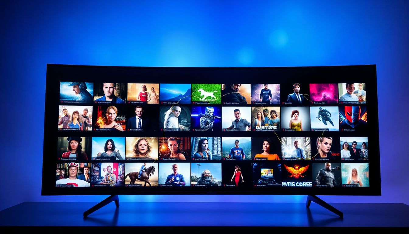A family enjoys diverse content delivered via IPTV on a modern big screen, showcasing the variety of entertainment options.