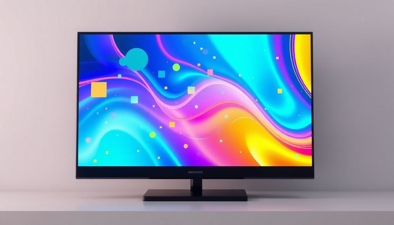 A person happily watching a movie on a large screen, surrounded by glowing tech gadgets, symbolizing the smooth experience of well-tested IPTV.