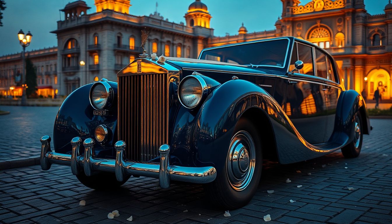 (A classic white open-top convertible, adorned with wedding flowers, ready for a grand entrance in Lucknow.)