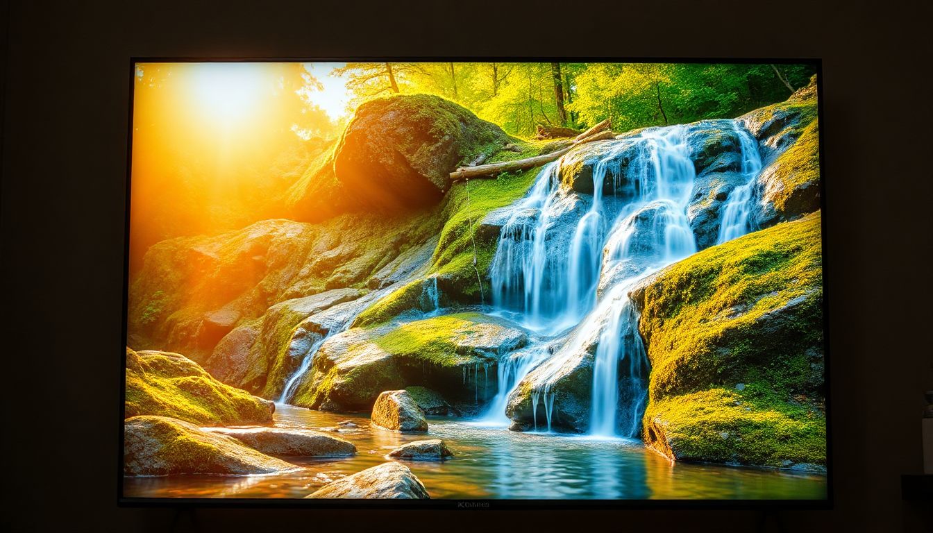 An 8K television displaying vibrant, ultra-high-definition content in a modern living room setting.