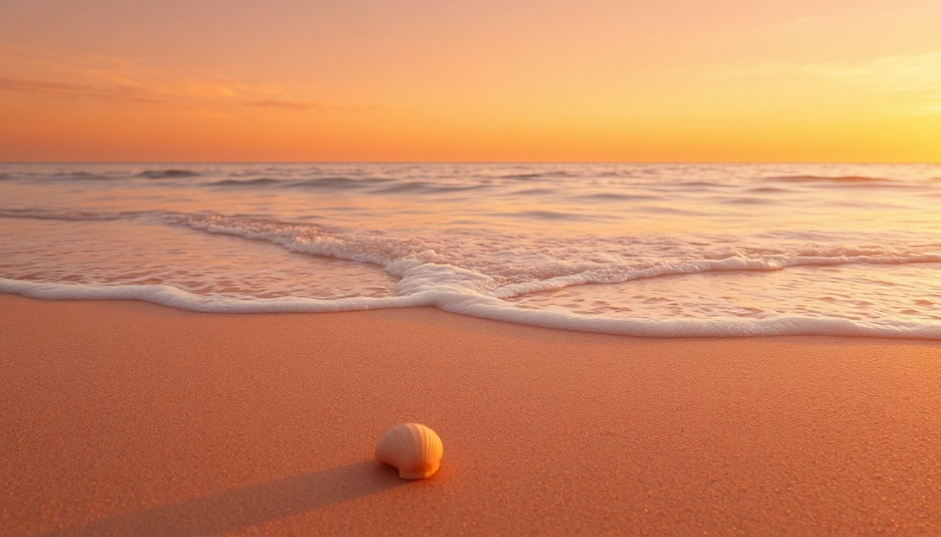 A serene beach scene with golden sand meeting calm, blue ocean waves under a clear sky.