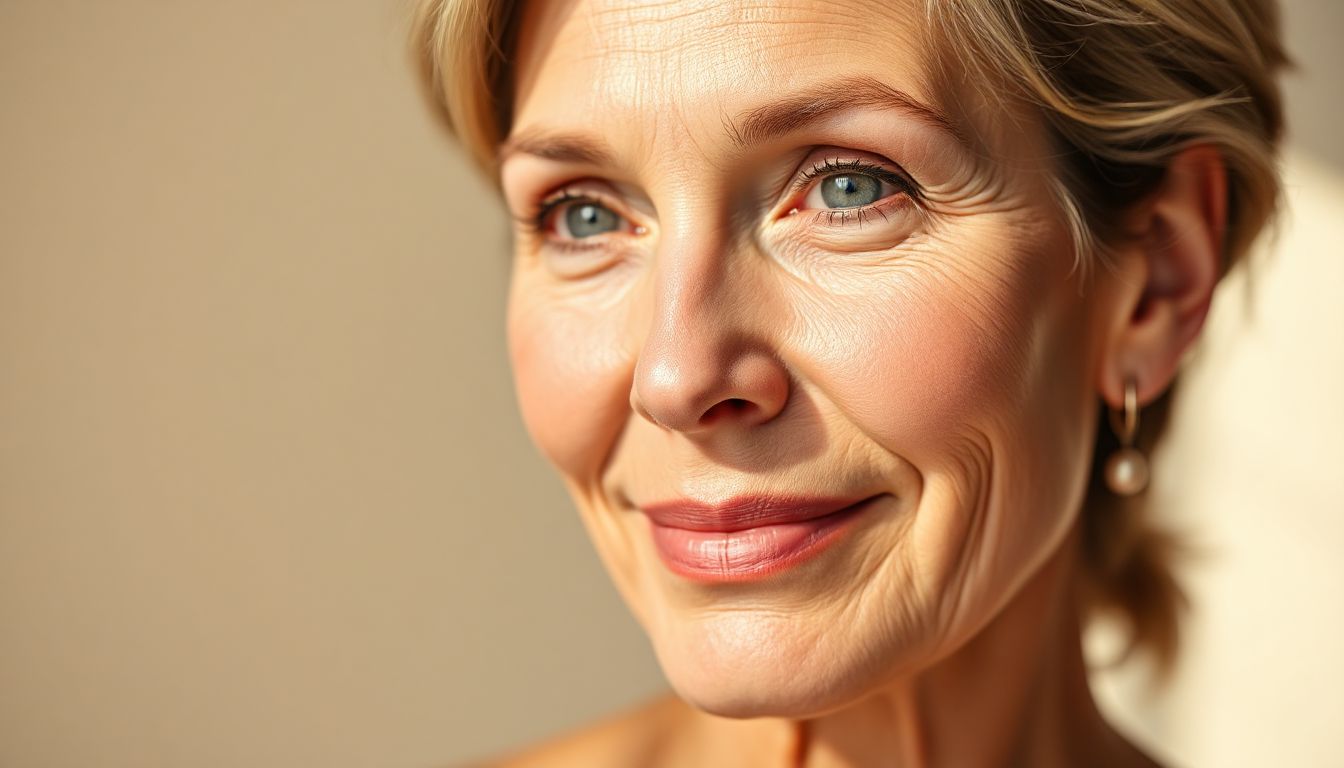 (A woman over 50 with radiant, hydrated skin, looking confidently at the camera.)