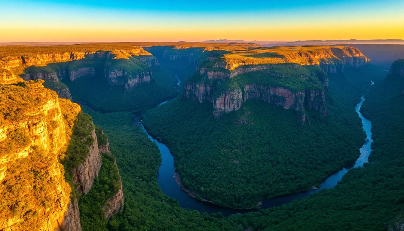 A sweeping vista of the Blyde River Canyon, showing its lush green slopes and the winding river below, under a clear blue sky.