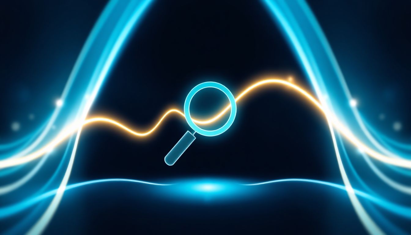 A vibrant infographic displaying interconnected digital marketing concepts with glowing lines. The central image shows a magnifying glass over a search bar, surrounded by icons representing content, analytics, social media, and local business.