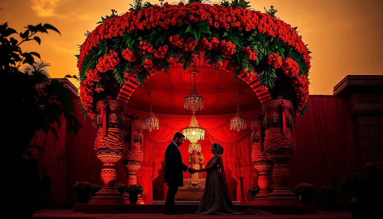 Delhi NCR wedding venue transformed by Gaur Wedding Decor, showcasing elegant lighting and floral arrangements.