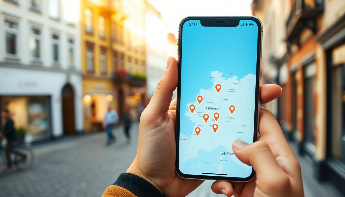 A person in a bustling German city street looks at their smartphone, with historic buildings blurred in the background, showing modern tech in a traditional setting.