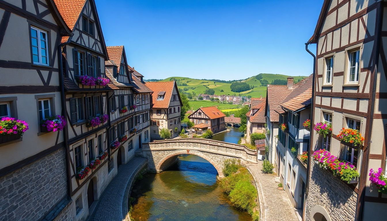 A charming street in a small German town, featuring traditional half-timbered houses and cobblestone pathways.