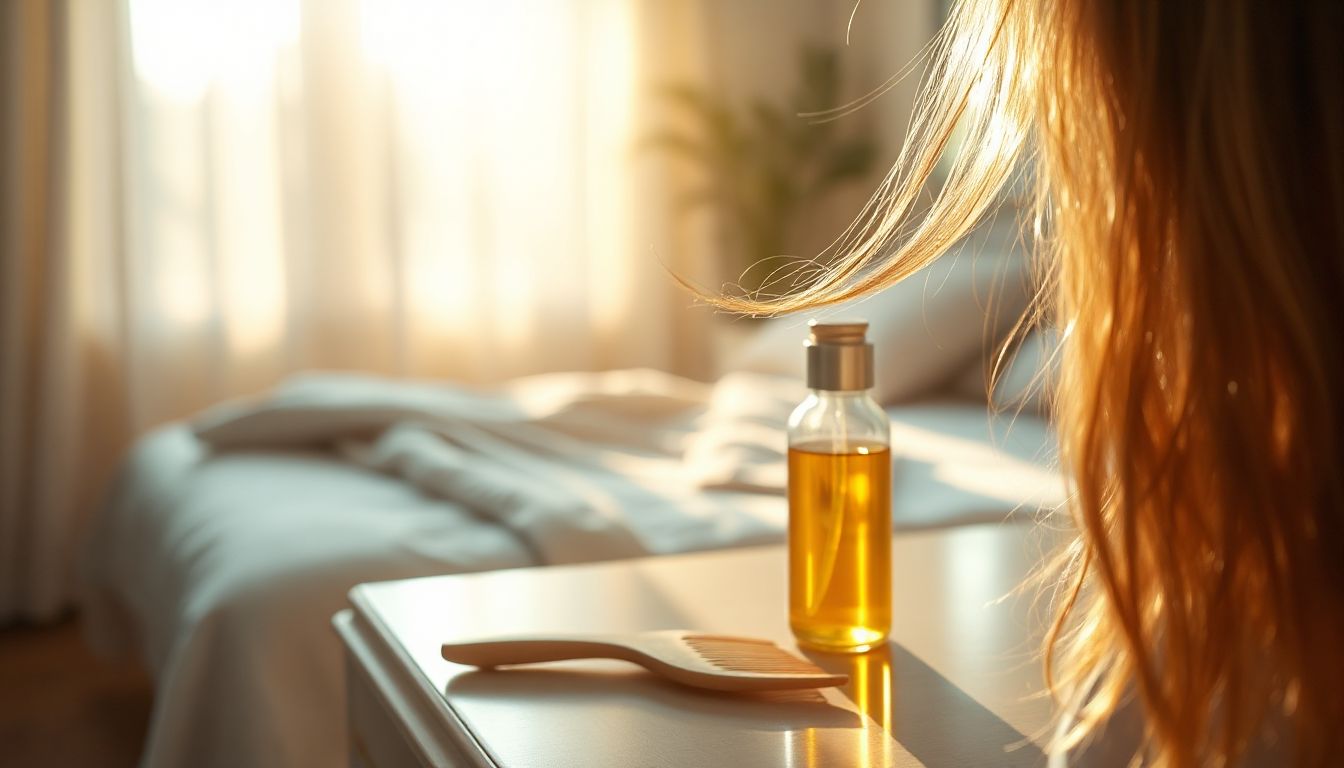 A woman's hands gently apply hair oil to the ends of her long, shiny hair, illustrating care and nourishment