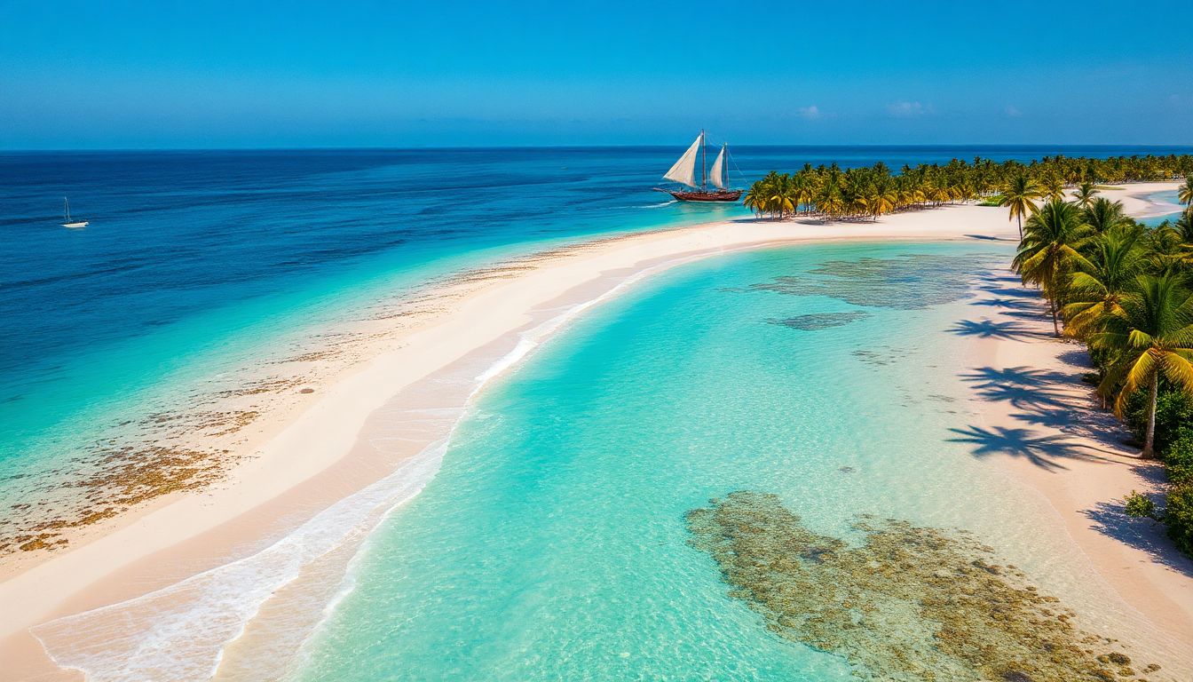 (A traditional dhow boat sails across the crystal-clear turquoise waters of Zanzibar, inviting visitors to a serene island escape.)