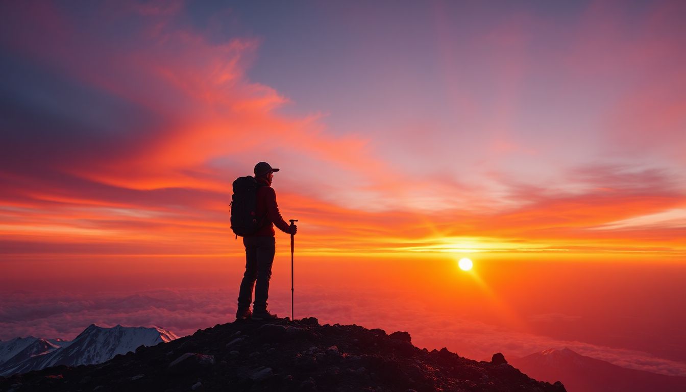 A breathtaking view of Uhuru Peak at sunrise, casting long shadows over the vast, icy landscape of Kilimanjaro's summit.