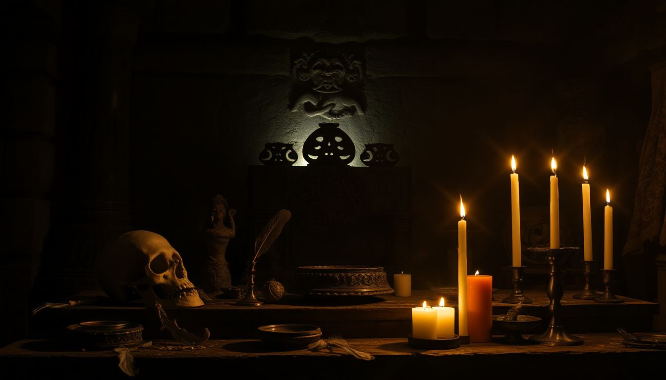 Un altar de Palo Mayombe, mostrando una nganga (caldero) con ofrendas y elementos naturales, simbolizando la conexión espiritual y el poder de la tierra.
