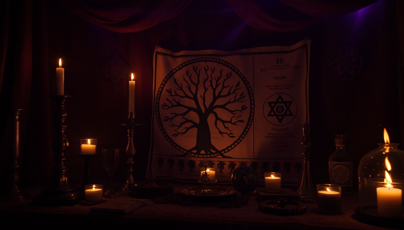 Un antiguo libro abierto con símbolos místicos y rituales, junto a velas y elementos naturales, representando la fusión de saberes ancestrales.